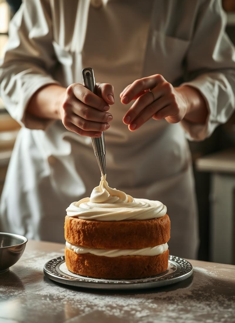 A baker piping cream onto a cake at Pasticeri Koli